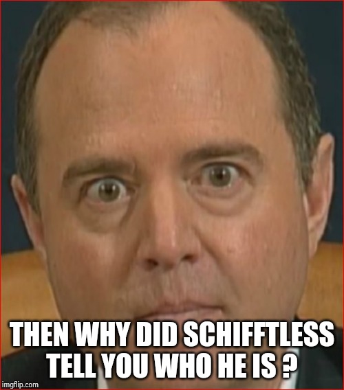 Adam Schiff | THEN WHY DID SCHIFFTLESS TELL YOU WHO HE IS ? | image tagged in adam schiff | made w/ Imgflip meme maker
