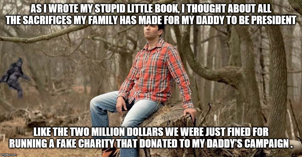 Donald Trump Jr. | AS I WROTE MY STUPID LITTLE BOOK, I THOUGHT ABOUT ALL THE SACRIFICES MY FAMILY HAS MADE FOR MY DADDY TO BE PRESIDENT; LIKE THE TWO MILLION DOLLARS WE WERE JUST FINED FOR RUNNING A FAKE CHARITY THAT DONATED TO MY DADDY'S CAMPAIGN . | image tagged in donald trump jr | made w/ Imgflip meme maker