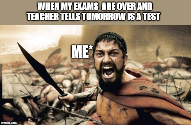 Sparta Leonidas | WHEN MY EXAMS  ARE OVER AND TEACHER TELLS TOMORROW IS A TEST; ME* | image tagged in memes,sparta leonidas | made w/ Imgflip meme maker