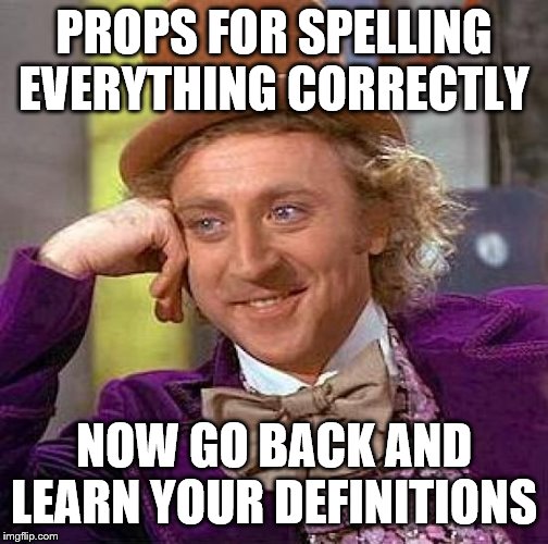 Creepy Condescending Wonka Meme | PROPS FOR SPELLING EVERYTHING CORRECTLY NOW GO BACK AND LEARN YOUR DEFINITIONS | image tagged in memes,creepy condescending wonka | made w/ Imgflip meme maker