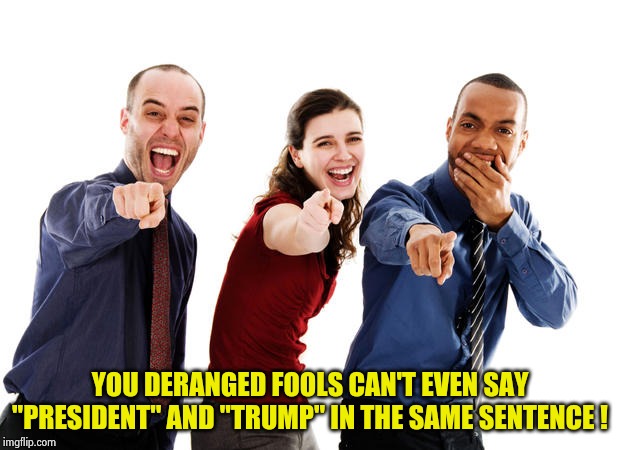 People laughing at you | YOU DERANGED FOOLS CAN'T EVEN SAY "PRESIDENT" AND "TRUMP" IN THE SAME SENTENCE ! | image tagged in people laughing at you | made w/ Imgflip meme maker