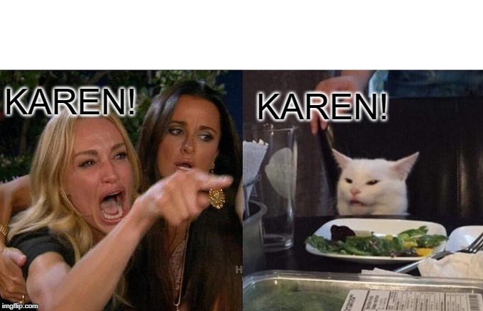 Woman Yelling At Cat | KAREN! KAREN! | image tagged in memes,woman yelling at cat | made w/ Imgflip meme maker