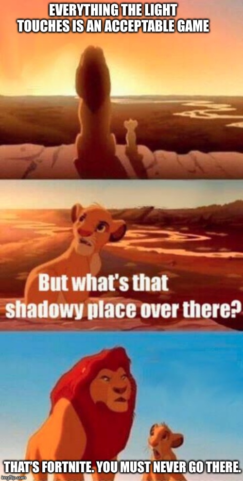 lion king light touches shadowy place kek | EVERYTHING THE LIGHT TOUCHES IS AN ACCEPTABLE GAME; THAT’S FORTNITE. YOU MUST NEVER GO THERE. | image tagged in lion king light touches shadowy place kek | made w/ Imgflip meme maker