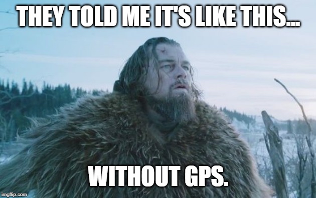 Leonardo DiCaprio The Revenant | THEY TOLD ME IT'S LIKE THIS... WITHOUT GPS. | image tagged in leonardo dicaprio the revenant | made w/ Imgflip meme maker
