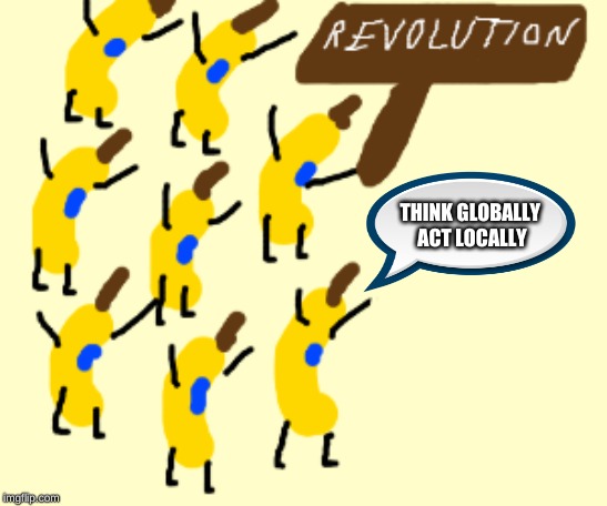 Climate Action | THINK GLOBALLY 
ACT LOCALLY | image tagged in go bananas | made w/ Imgflip meme maker
