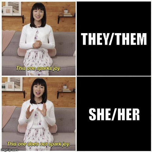 Pronouns can spark joy | THEY/THEM; SHE/HER | image tagged in this one sparks joy,trans,gender,pronouns,nb | made w/ Imgflip meme maker