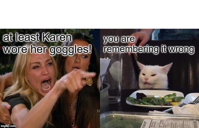 Woman Yelling At Cat | at least Karen wore her goggles! you are remembering it wrong | image tagged in memes,woman yelling at cat | made w/ Imgflip meme maker