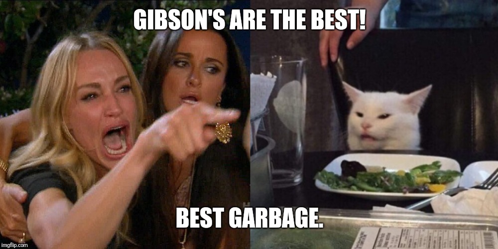 Woman yelling at cat | GIBSON'S ARE THE BEST! BEST GARBAGE. | image tagged in woman yelling at cat | made w/ Imgflip meme maker