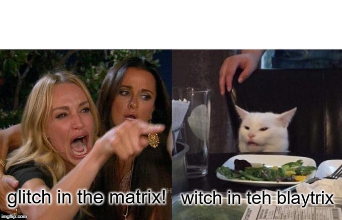 Woman Yelling At Cat Meme | glitch in the matrix! witch in teh blaytrix | image tagged in memes,woman yelling at cat | made w/ Imgflip meme maker