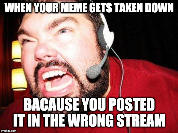 Nerd Rage | WHEN YOUR MEME GETS TAKEN DOWN; BACAUSE YOU POSTED IT IN THE WRONG STREAM | image tagged in nerd rage | made w/ Imgflip meme maker