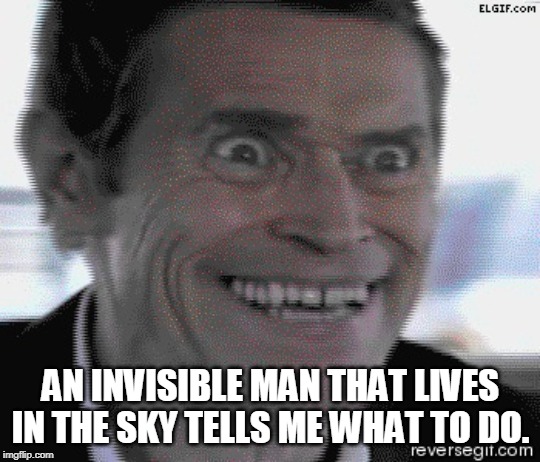 Willem Dafoe Insanity | AN INVISIBLE MAN THAT LIVES IN THE SKY TELLS ME WHAT TO DO. | image tagged in willem dafoe insanity | made w/ Imgflip meme maker