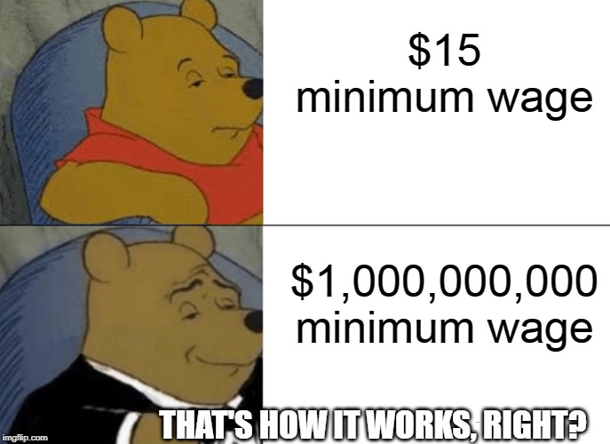 Tuxedo Winnie The Pooh | $15 minimum wage; $1,000,000,000 minimum wage; THAT'S HOW IT WORKS, RIGHT? | image tagged in memes,tuxedo winnie the pooh | made w/ Imgflip meme maker