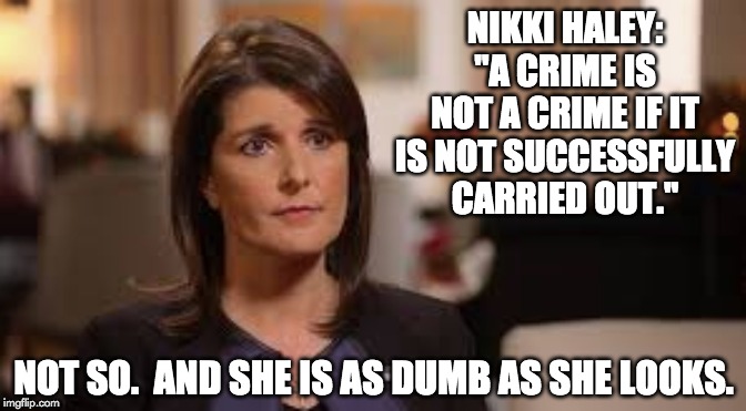 Nikki Haley - Idiot | NIKKI HALEY: "A CRIME IS NOT A CRIME IF IT IS NOT SUCCESSFULLY CARRIED OUT."; NOT SO.  AND SHE IS AS DUMB AS SHE LOOKS. | image tagged in nikki haley - idiot | made w/ Imgflip meme maker