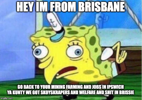 Mocking Spongebob Meme | HEY IM FROM BRISBANE; GO BACK TO YOUR MINING FARMING AND JOBS IN IPSWICH YA KUNTY WE GOT SKOYSKRAPERS AND WELFARE AND SHIT IN BRISSIE | image tagged in memes,mocking spongebob | made w/ Imgflip meme maker