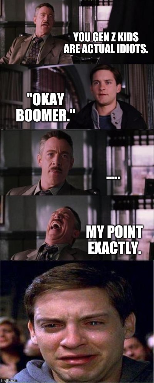 Peter Parker Cry Meme | YOU GEN Z KIDS ARE ACTUAL IDIOTS. "OKAY BOOMER."; ..... MY POINT EXACTLY. | image tagged in memes,peter parker cry | made w/ Imgflip meme maker