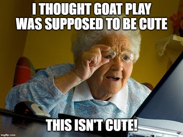 Grandma Finds The Internet Meme | I THOUGHT GOAT PLAY WAS SUPPOSED TO BE CUTE; THIS ISN'T CUTE! | image tagged in memes,grandma finds the internet | made w/ Imgflip meme maker