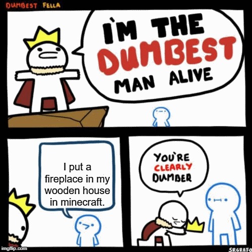 I'm the dumbest man alive | I put a fireplace in my wooden house in minecraft. | image tagged in i'm the dumbest man alive | made w/ Imgflip meme maker