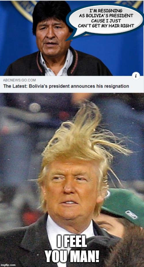 Asta La Vista Evo | I'M RESIGNING AS BOLIVIA'S PRESIDENT CAUSE I JUST CAN'T GET MY HAIR RIGHT; I FEEL YOU MAN! | image tagged in donald trumph hair | made w/ Imgflip meme maker
