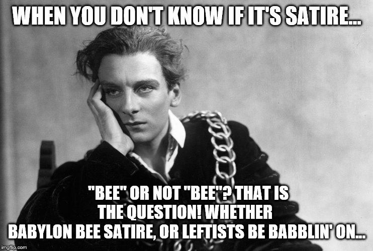 hamlet | WHEN YOU DON'T KNOW IF IT'S SATIRE... "BEE" OR NOT "BEE"? THAT IS THE QUESTION! WHETHER 
BABYLON BEE SATIRE, OR LEFTISTS BE BABBLIN' ON... | image tagged in hamlet | made w/ Imgflip meme maker