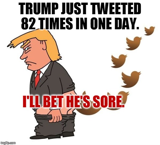 Trump tweets Twitter from behind | TRUMP JUST TWEETED 82 TIMES IN ONE DAY. I'LL BET HE'S SORE. | image tagged in trump tweets twitter from behind | made w/ Imgflip meme maker