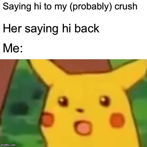 Surprised Pikachu Meme | Saying hi to my (probably) crush; Her saying hi back; Me: | image tagged in memes,surprised pikachu | made w/ Imgflip meme maker