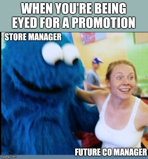 Give monster his cookie | WHEN YOU'RE BEING EYED FOR A PROMOTION | image tagged in cookie monster,work,job,promotion,boss,management | made w/ Imgflip meme maker