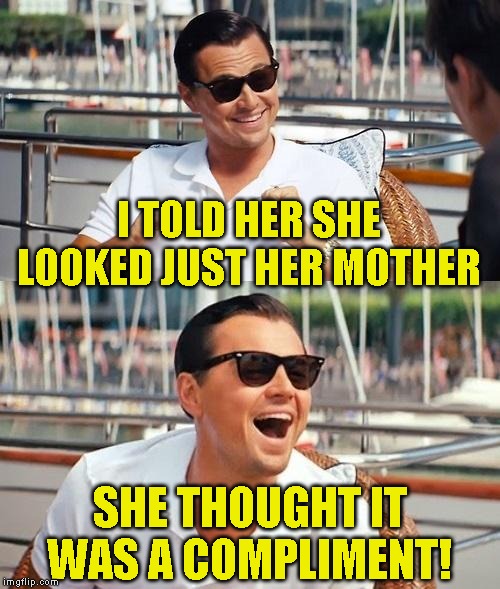 Well that was uncalled for! | I TOLD HER SHE LOOKED JUST HER MOTHER; SHE THOUGHT IT WAS A COMPLIMENT! | image tagged in memes,leonardo dicaprio wolf of wall street,just a joke | made w/ Imgflip meme maker