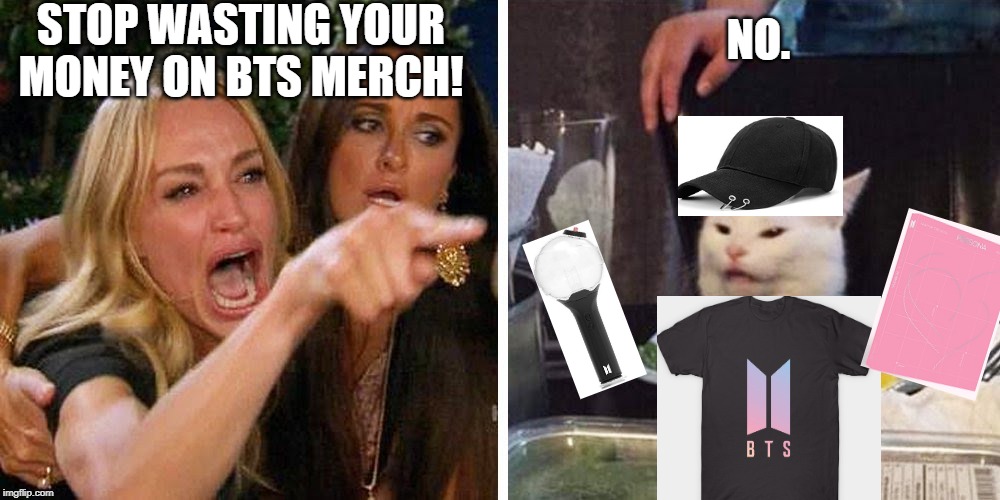 Smudge the cat | STOP WASTING YOUR MONEY ON BTS MERCH! NO. | image tagged in smudge the cat | made w/ Imgflip meme maker