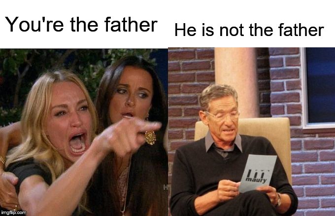 Woman Yelling At Cat | You're the father; He is not the father | image tagged in woman yelling at cat,maury lie detector | made w/ Imgflip meme maker