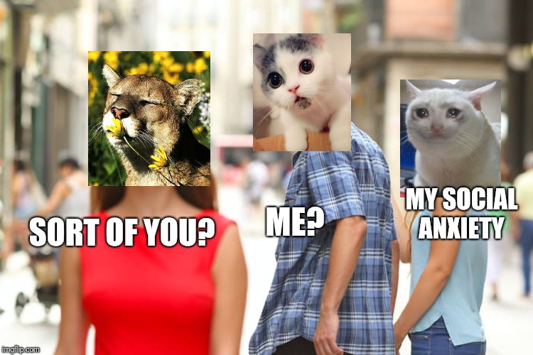 Distracted Boyfriend Meme | MY SOCIAL ANXIETY; ME? SORT OF YOU? | image tagged in memes,distracted boyfriend | made w/ Imgflip meme maker