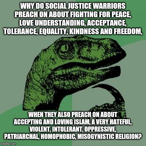Philosoraptor Meme | WHY DO SOCIAL JUSTICE WARRIORS PREACH ON ABOUT FIGHTING FOR PEACE, LOVE UNDERSTANDING, ACCEPTANCE, TOLERANCE, EQUALITY, KINDNESS AND FREEDOM, WHEN THEY ALSO PREACH ON ABOUT ACCEPTING AND LOVING ISLAM, A VERY HATEFUL, VIOLENT, INTOLERANT, OPPRESSIVE, PATRIARCHAL, HOMOPHOBIC, MISOGYNISTIC RELIGION? | image tagged in memes,philosoraptor | made w/ Imgflip meme maker