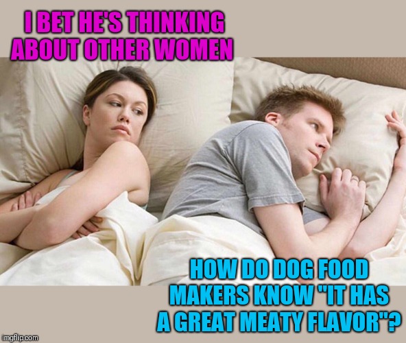 Do they hire dog food tasters? |  I BET HE'S THINKING ABOUT OTHER WOMEN; HOW DO DOG FOOD MAKERS KNOW "IT HAS A GREAT MEATY FLAVOR"? | image tagged in i bet he's thinking about other women,dogs,dog food,44colt,funny,grocery store | made w/ Imgflip meme maker