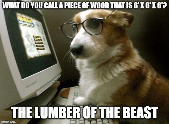 Smart Dog | WHAT DO YOU CALL A PIECE OF WOOD THAT IS 6' X 6' X 6'? THE LUMBER OF THE BEAST | image tagged in smart dog | made w/ Imgflip meme maker