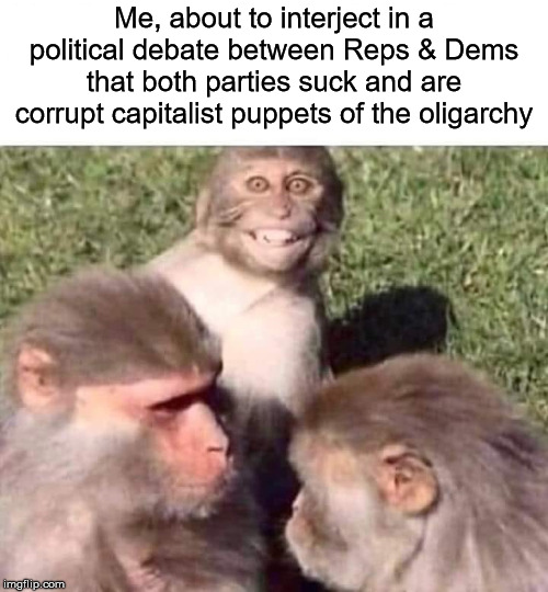  Me, about to interject in a political debate between Reps & Dems that both parties suck and are corrupt capitalist puppets of the oligarchy | image tagged in monkeys,democrats,republicans,oligarchy | made w/ Imgflip meme maker