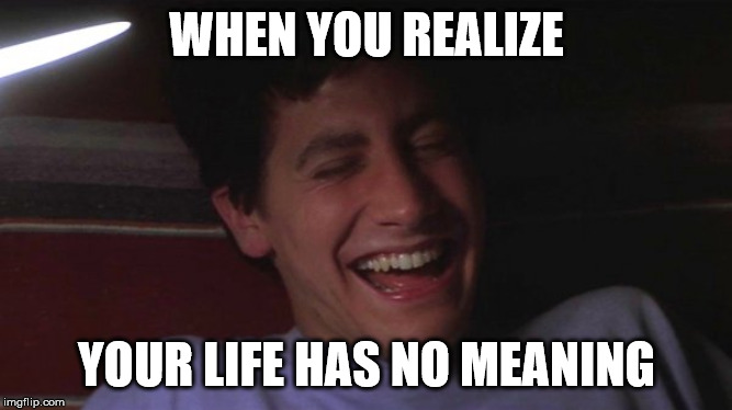 Life's meaning | WHEN YOU REALIZE; YOUR LIFE HAS NO MEANING | image tagged in donnie darko,life,the meaning of life,meaning,time travel,men | made w/ Imgflip meme maker