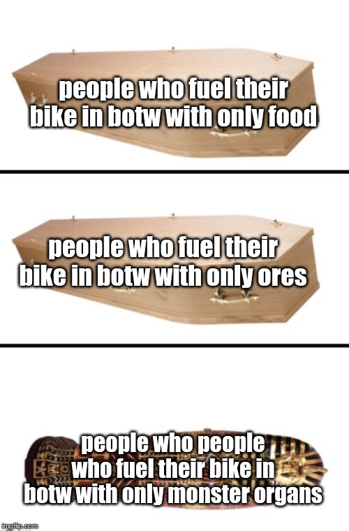 Coffin & Sarcophagus | people who fuel their bike in botw with only food; people who fuel their bike in botw with only ores; people who people who fuel their bike in botw with only monster organs | image tagged in coffin  sarcophagus | made w/ Imgflip meme maker