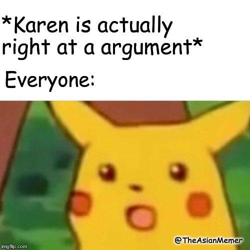 Surprised Pikachu Meme | *Karen is actually right at a argument*; Everyone:; @TheAsianMemer | image tagged in memes,surprised pikachu | made w/ Imgflip meme maker