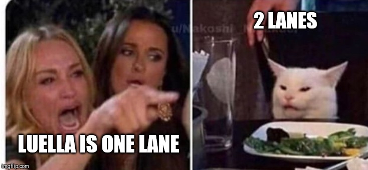Cat at table | 2 LANES; LUELLA IS ONE LANE | image tagged in cat at table | made w/ Imgflip meme maker