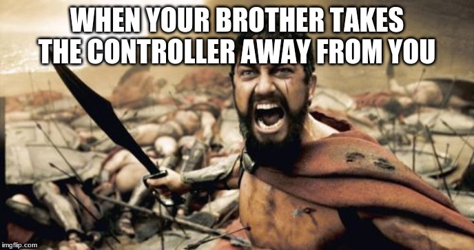 Sparta Leonidas Meme | WHEN YOUR BROTHER TAKES THE CONTROLLER AWAY FROM YOU | image tagged in memes,sparta leonidas | made w/ Imgflip meme maker