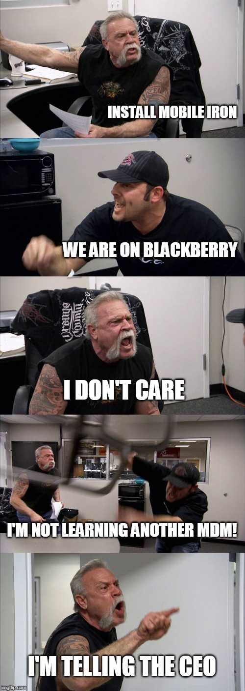 Installing MDM | INSTALL MOBILE IRON; WE ARE ON BLACKBERRY; I DON'T CARE; I'M NOT LEARNING ANOTHER MDM! I'M TELLING THE CEO | image tagged in memes,mobile,iron,black,phone,software | made w/ Imgflip meme maker