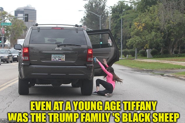 Thrown from car | EVEN AT A YOUNG AGE TIFFANY WAS THE TRUMP FAMILY 'S BLACK SHEEP | image tagged in thrown from car | made w/ Imgflip meme maker