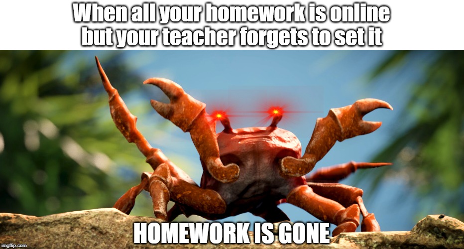 Relatable. | When all your homework is online but your teacher forgets to set it; HOMEWORK IS GONE | image tagged in crab rave crab,school,homework | made w/ Imgflip meme maker
