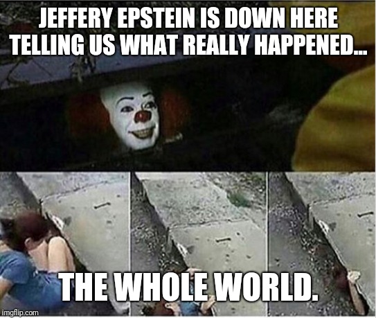 down here | JEFFERY EPSTEIN IS DOWN HERE TELLING US WHAT REALLY HAPPENED... THE WHOLE WORLD. | image tagged in down here | made w/ Imgflip meme maker