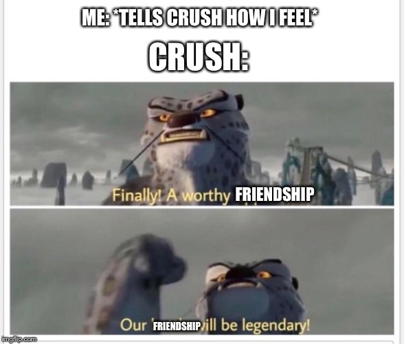 Finally! A worthy opponent! | ME: *TELLS CRUSH HOW I FEEL*; CRUSH:; FRIENDSHIP; FRIENDSHIP | image tagged in finally a worthy opponent | made w/ Imgflip meme maker