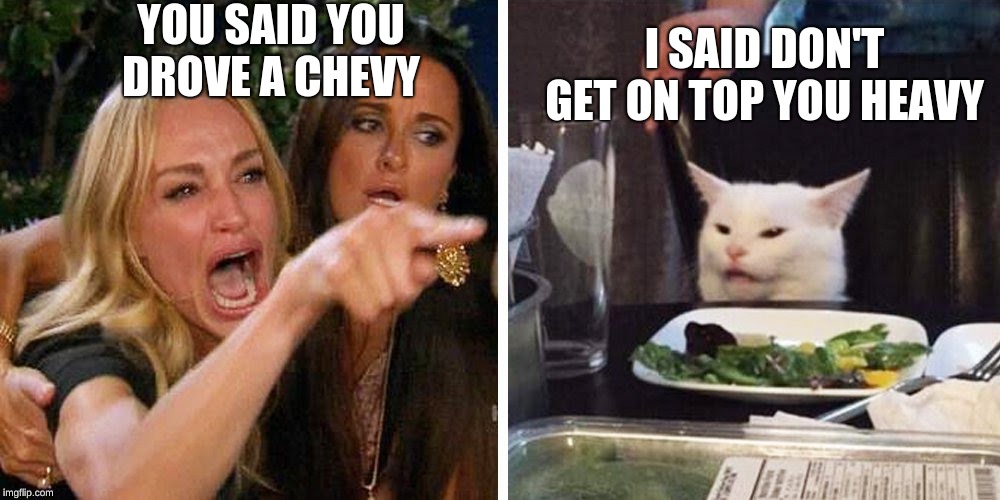 chevy heavy | YOU SAID YOU DROVE A CHEVY; I SAID DON'T GET ON TOP YOU HEAVY | image tagged in smudge the cat | made w/ Imgflip meme maker