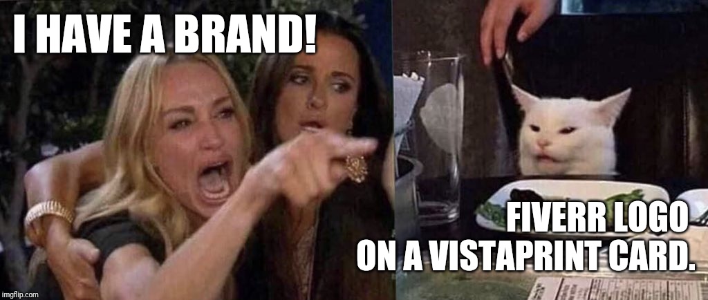 woman yelling at cat | I HAVE A BRAND! FIVERR LOGO 
ON A VISTAPRINT CARD. | image tagged in woman yelling at cat | made w/ Imgflip meme maker