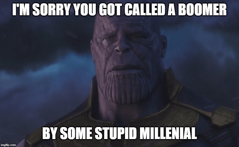 Sorry Thanos | I'M SORRY YOU GOT CALLED A BOOMER; BY SOME STUPID MILLENIAL | image tagged in sorry thanos | made w/ Imgflip meme maker