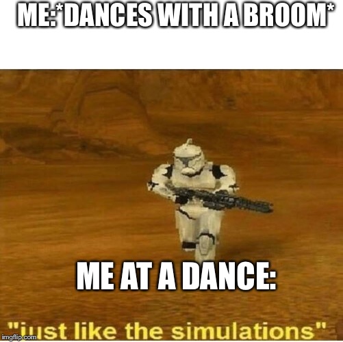 Just like the simulations | ME:*DANCES WITH A BROOM*; ME AT A DANCE: | image tagged in just like the simulations | made w/ Imgflip meme maker
