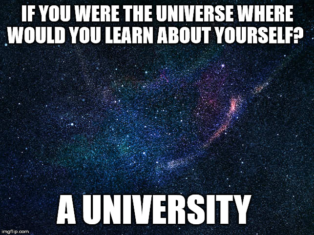 If you were the Universe |  IF YOU WERE THE UNIVERSE WHERE
WOULD YOU LEARN ABOUT YOURSELF? A UNIVERSITY | image tagged in universe,university,yourself | made w/ Imgflip meme maker