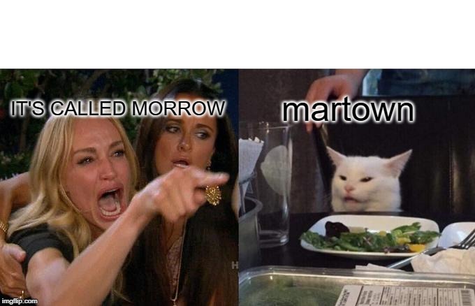 Woman Yelling At Cat Meme | martown; IT'S CALLED MORROW | image tagged in memes,woman yelling at cat | made w/ Imgflip meme maker